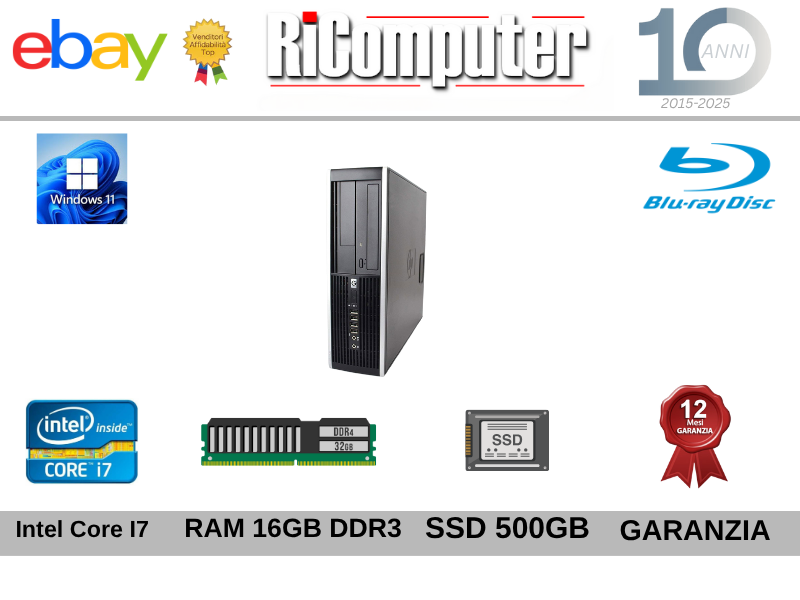 PC HP PRODESK I7 RAM 16GB DDR3 SSD 500GB LETTORE BLU RAY WIN 11 RICONDIZIONATO