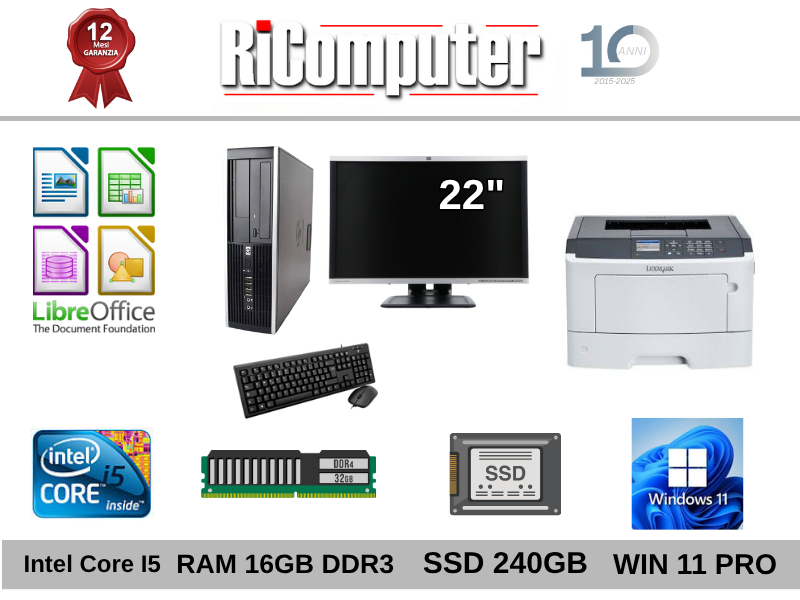 Postazione PC I5 Ram 16GB SSD Monitor 22 + Stampante Lexmark RICONDIZIONATO