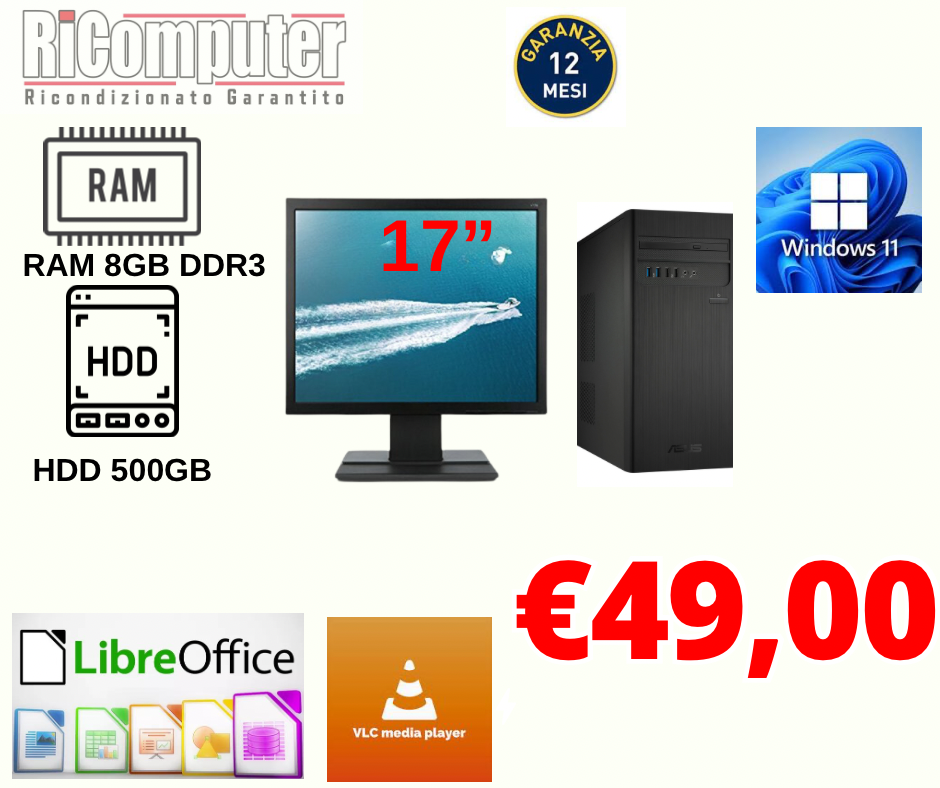 Postazione Pc Special Offer PC Intel Core 2 Duo Ram 8GB HDD 500GB Monitor 17 Pollici