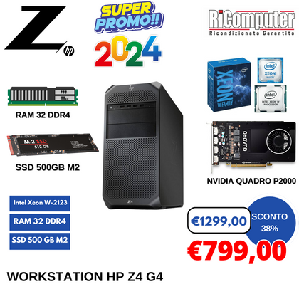 WORKSTATION HP Z4 G4 INTEL XEON RAM 32GB DDR4 SSD NVIDIA QUADRO P2000